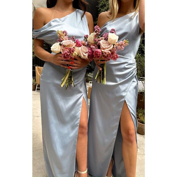 Show Me Your Mumu Jodie Maxi Dress in Steel Blue Luxe Satin L NWT - Picture 1 of 6